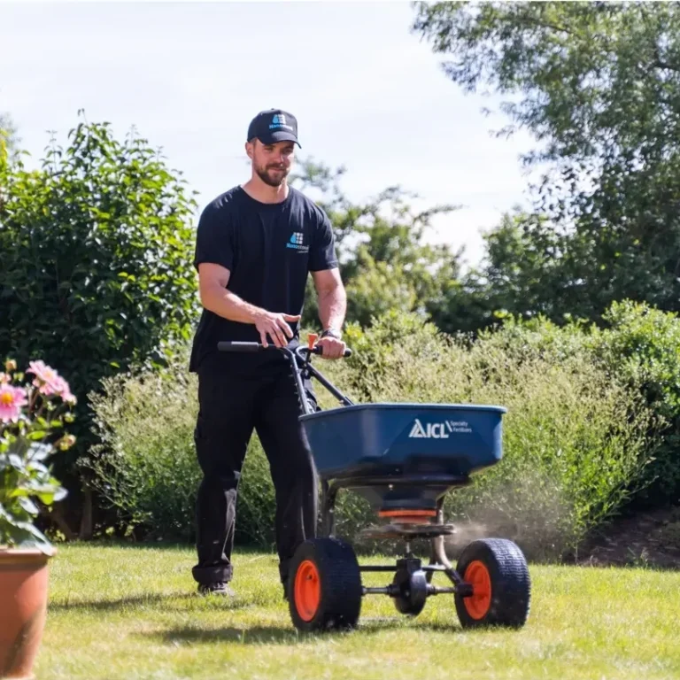 Fagmand udfører gødning af græsplæne med professionelt udstyr