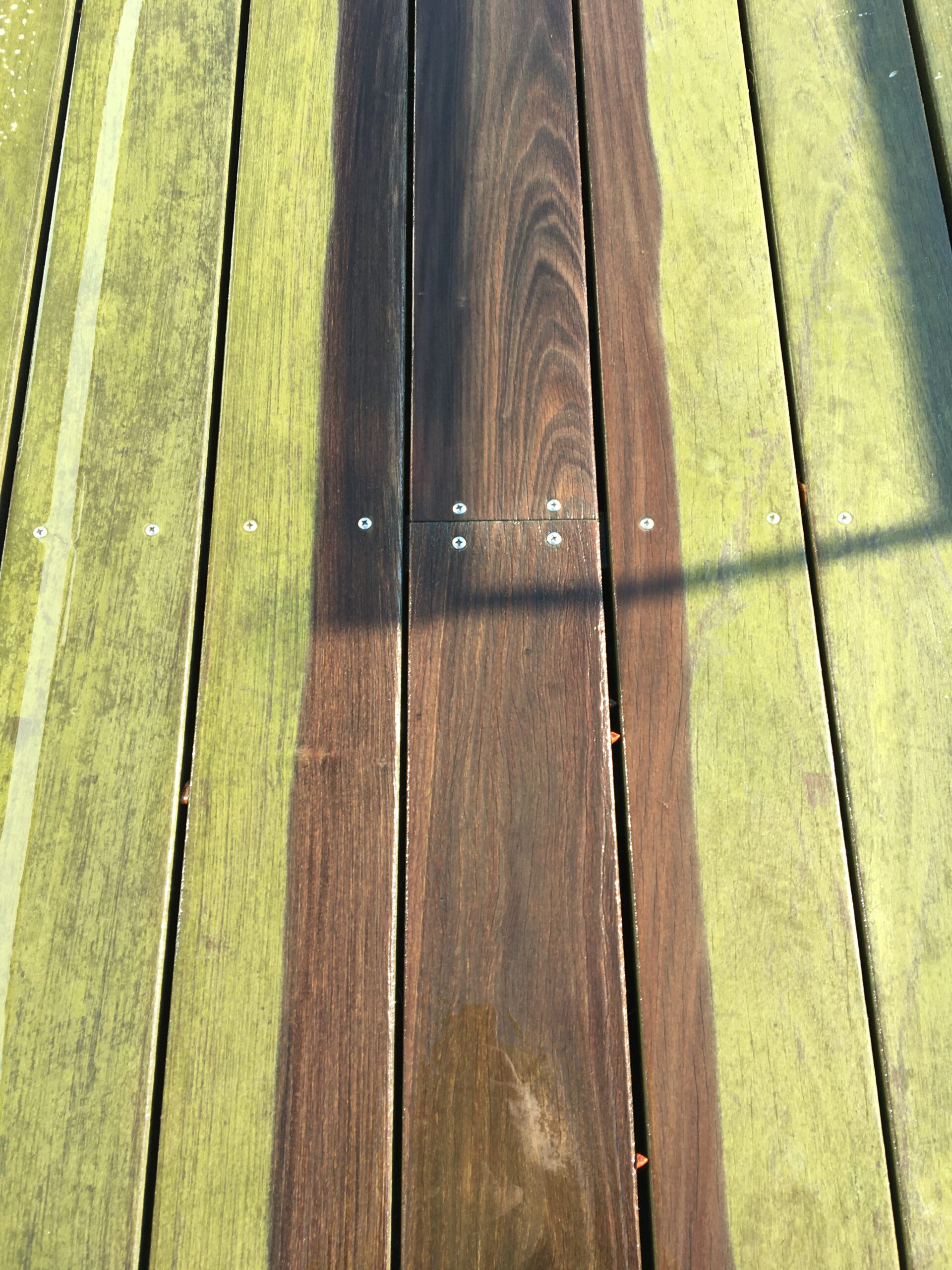 Prøverens på en træterrasse, med tydelig fjernelse af algevækster fra træterrassen