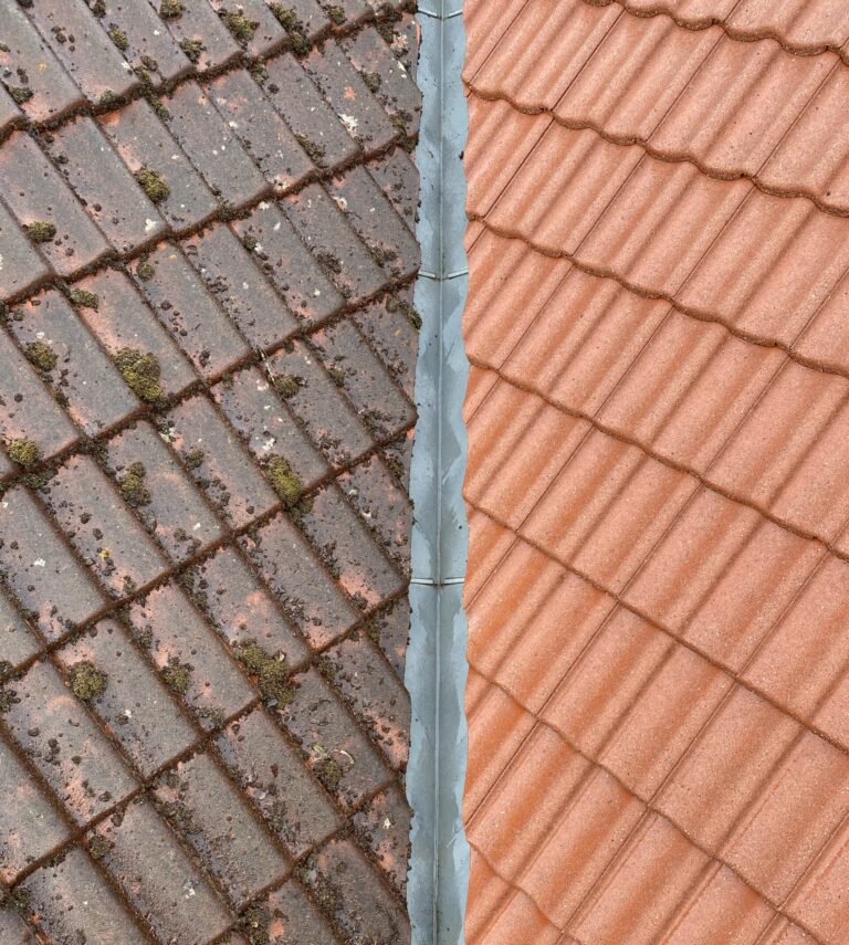 Før og efter rensning af tag med fjernelse af alger og belægninger på tegltag og efterfølgende imprægnering