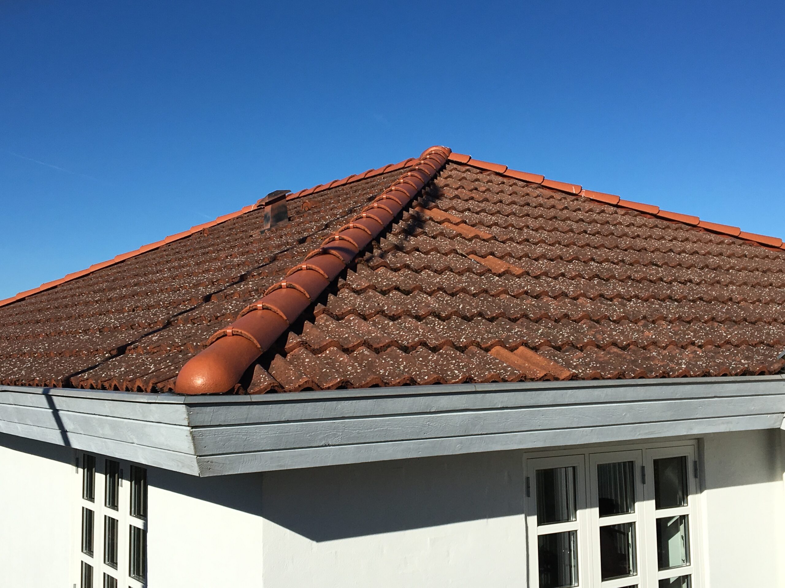 Tegltag med alger og belægninger før professionel tagrens