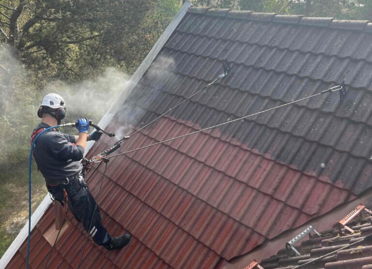 Professionel tagrens udført med faldsikring og kontrolleret rensning af tegltag.