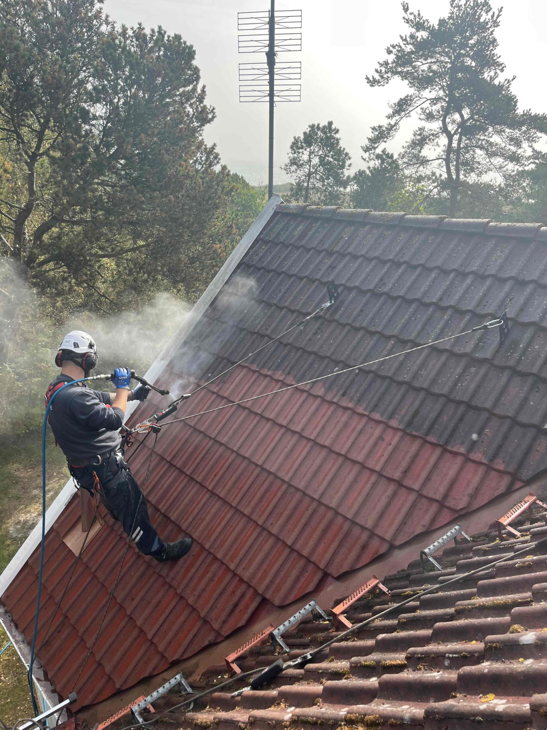 Professionel tagrens udført med faldsikring og kontrolleret rensning af tegltag.
