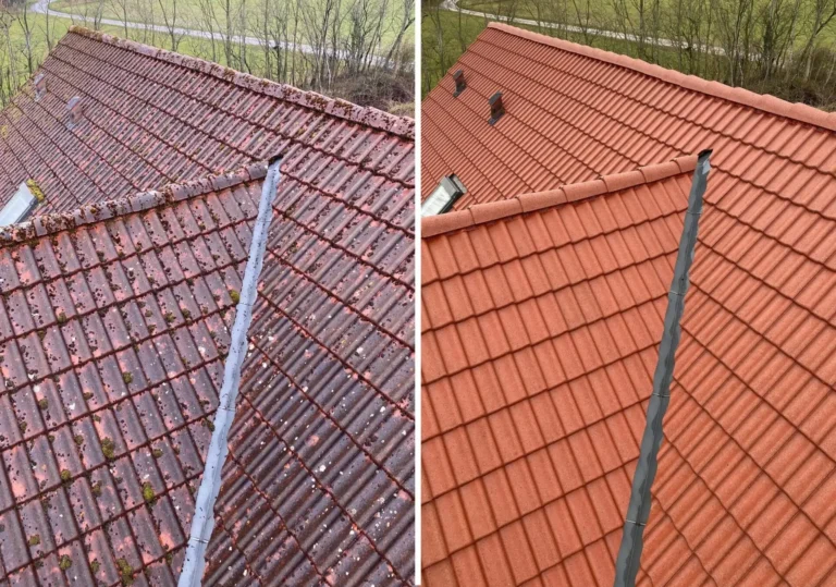 Før og efter billede af rensning og maling af tag udført professionelt af Nanostone