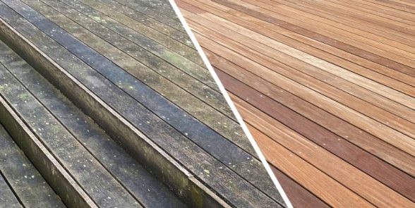 Rensning af træterrasse forskel før og efter mekanisk rensning