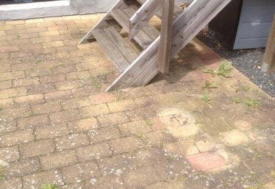 Flisebelægning ved kældertrappe med snavs og alger i Helsingør før rensning